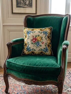 FINAL • Vintage Needlepoint Floral Cross Stitch Cushion Pillow 14” Grandma